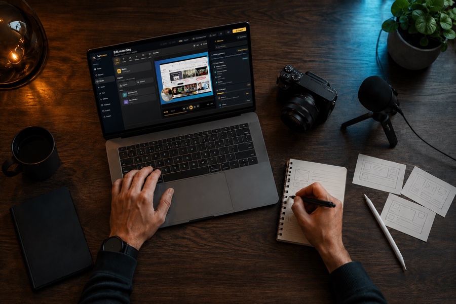A course creator planning a software lesson in the OurScreen editor