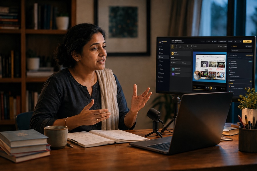 An educator recording an evening lesson with the OurScreen editor visible on her monitor