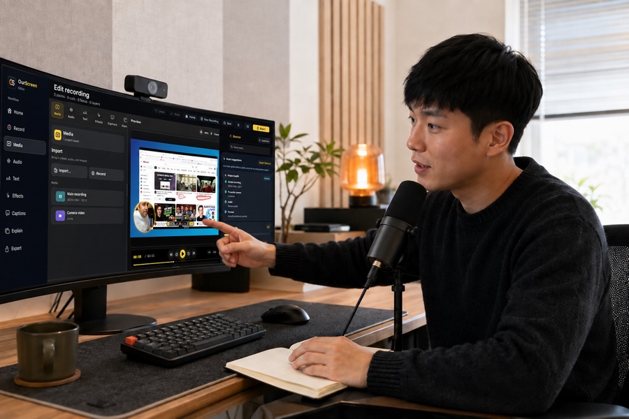 A product specialist demonstrating the OurScreen editor during a customer walkthrough