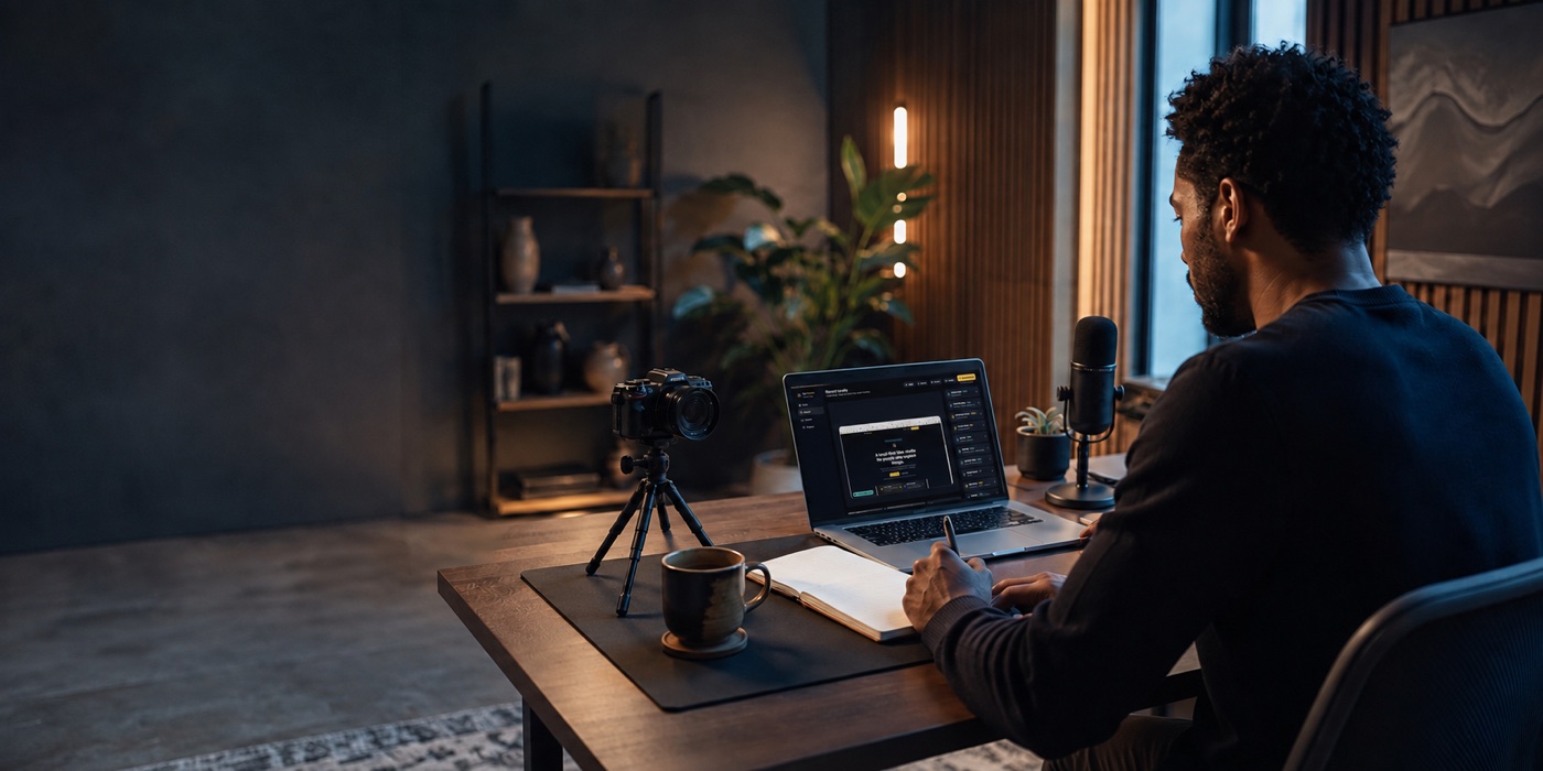 An independent educator preparing a lesson with the OurScreen recording studio open on a laptop